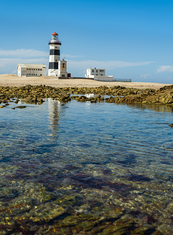 Portrait water level shot of Cape Recife Lighthouse on a clear day with reflection