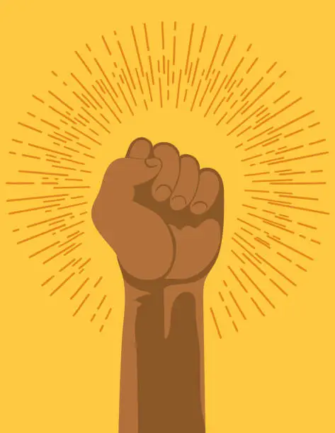 Vector illustration of Mans Clenched Fist In A Symbol Of Power With A Sunburst