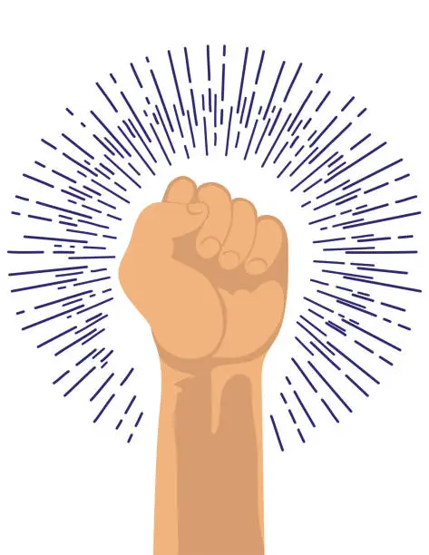 Vector illustration of Mans Clenched Fist In A Symbol Of Power With A Sunburst. Isolated On A Transparent Background
