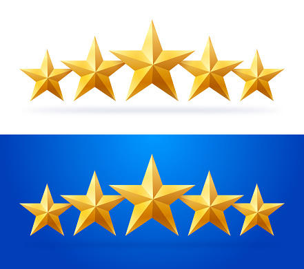 Gold five star rating shiny star shapes design element.