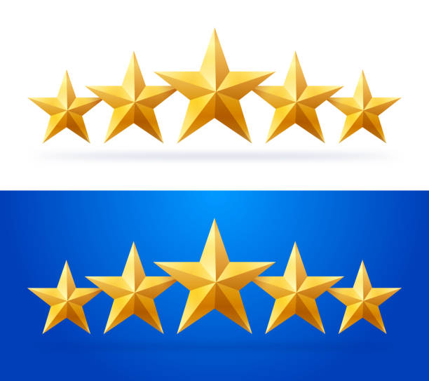 Five Star Review Gold five star rating shiny star shapes design element. vip stock illustrations