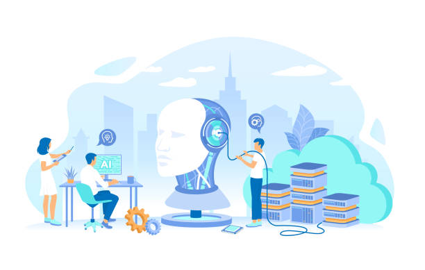 ilustraciones, imágenes clip art, dibujos animados e iconos de stock de cabeza de robot con rostro humano. el equipo trabaja con computadoras cerebrales inteligentes, redes neuronales. inteligencia artificial ai, tecnología del futuro, cerebro digital, aprendizaje automático, minería de datos. ilustración vectorial - ai