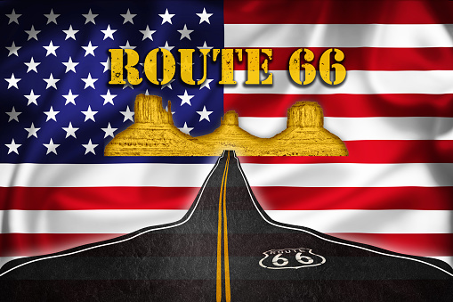 Route 66 historic road  banner illustration on US flag , famous travel destination in United stares of America