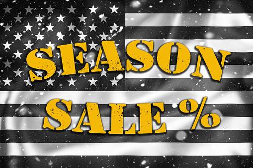 Season sale banner illustration on black and white USA flag, snow overlay