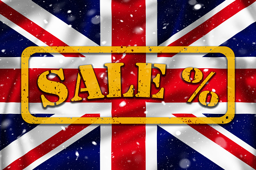 Season sale banner illustration on Union Jack flag, shopping season in UK, snow overlay