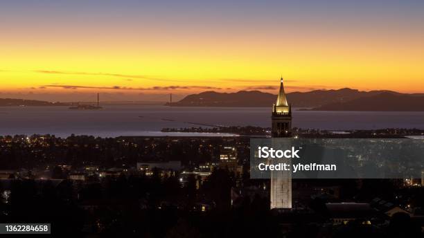 Twilight Skies Over Sather Tower Of Uc Berkeley Via Big C Trail Stock Photo - Download Image Now