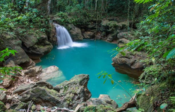 Beautiful waterfall in the tropical jungle of Jamaica stock photo