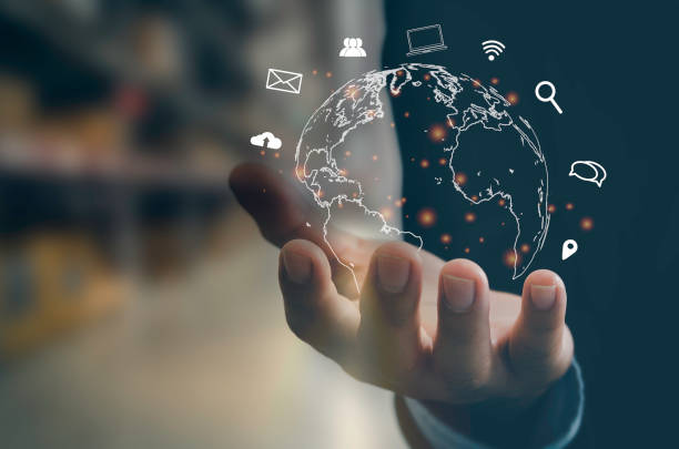 istock Man hand virtual world icon. Communication and use of modern Internet technology , Social Networking, online marketing, digital online. Concept technology. 1362287556