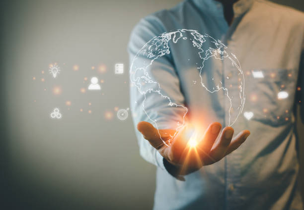 istock Man hand virtual world icon. Communication and use of modern Internet technology metaverse , Social Networking, online marketing, digital online. Concept technology. 1362287715