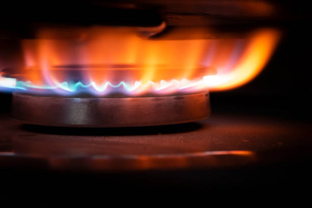 Burning gas burner extreme close-up