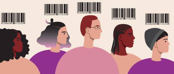 People with barcode, flat vector stock illustration with crowd of multicultural people with barcode for identification or group with code People with a barcode. Flat vector stock illustration. Crowd of multicultural people with barcode for identification. Group with code. Men and women. Isolated illustration stereotypical stock illustrations