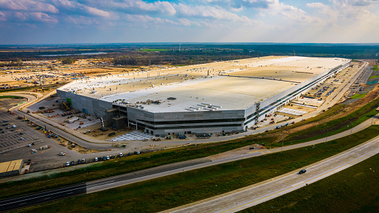 January 2nd , 2022 - Austin , Texas , USA: Tesla Gigafactory in Austin Texas during final construction phases  , the start of the Cybertruck production line