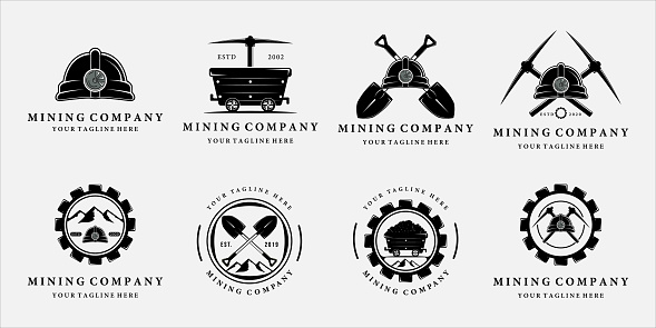 set of mining icon vector vintage illustration template design . mining cart helmet shovel trowel pickax or pickaxe tools icon bundle collection mining concept illustration design