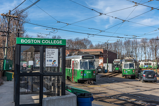 Boston Massachusetts, United States - December 23, 2021: View of the Boston College end station, of the Subway Green Line, in Boston.