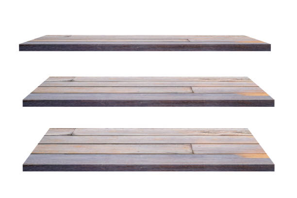 istock Wooden shelves set isolated on white background 1362301078