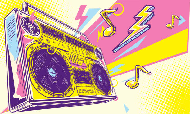 ilustrações, clipart, desenhos animados e ícones de design musical - disco de fita boom box desenhado funky colorido - instrumental hip hop