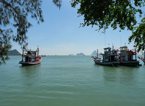 Trawler and Fishing boat at sea with mountain with city and island at Prachuap Bay with  tree silhouette in the foreground, Prachuap Khiri Khan, Thailand
