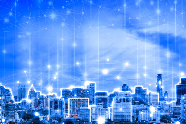 istock communication network on skyscrapers background. Financial modern technology, blue filter concept 1362305784