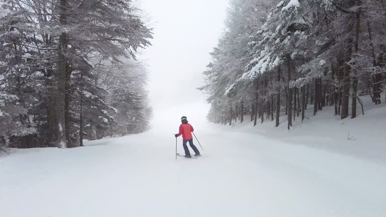 Beautiful skiing idyllic mountain winter forest snow landscape. Skiing on the ski slopes on ski holidays travel vacation.