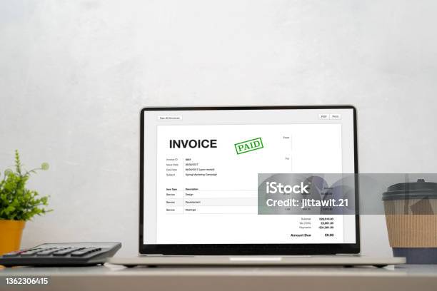 Digital Invoice Online Using Computer Calculator Stock Photo - Download Image Now - Financial Bill, Template, Laptop