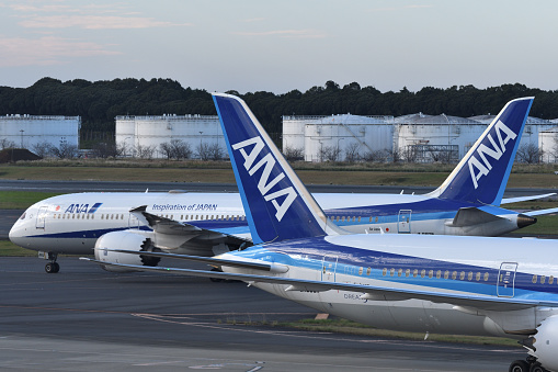 Chiba, Japan - October 29, 2021:All Nippon Airways (ANA) passenger planes.