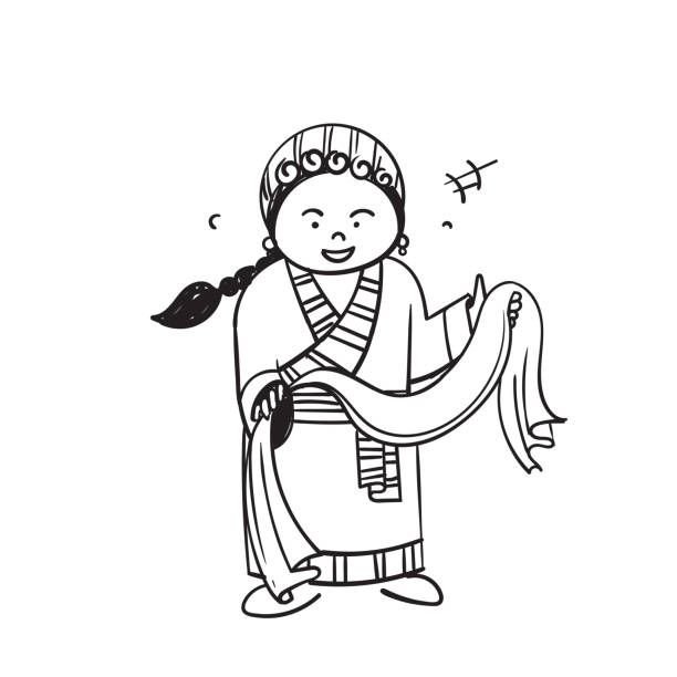 bildbanksillustrationer, clip art samt tecknat material och ikoner med hand drawn doodle tibetan girl holding piece of cloth symbol for losar day illustration - losar