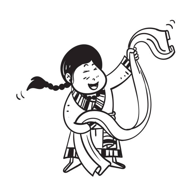 bildbanksillustrationer, clip art samt tecknat material och ikoner med hand drawn doodle tibetan girl holding piece of cloth symbol for losar day illustration - losar