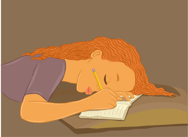 Student girl fell asleep at the table Student girl fell asleep at the table bored teen stock illustrations