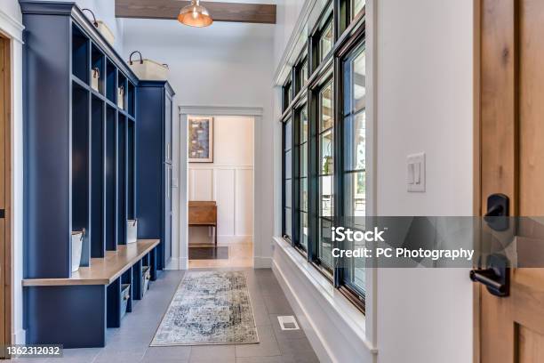 Blue Painted Lockers And Cubbies In Mudroom Stock Photo - Download Image Now - Mudroom, Home Interior, House