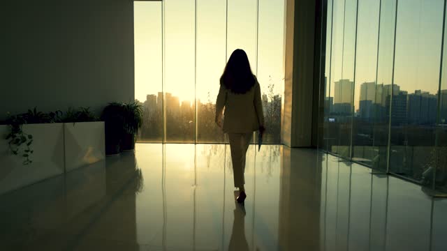 Young businesswomen walking and taking a look out over window