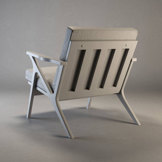 istock 3d Rendering Cavett Wood Chair clay model with neutral background back angled view 1362313659