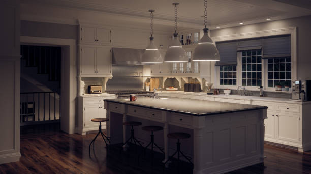 ultra modern white kitchen in low lighting - soft lighting imagens e fotografias de stock