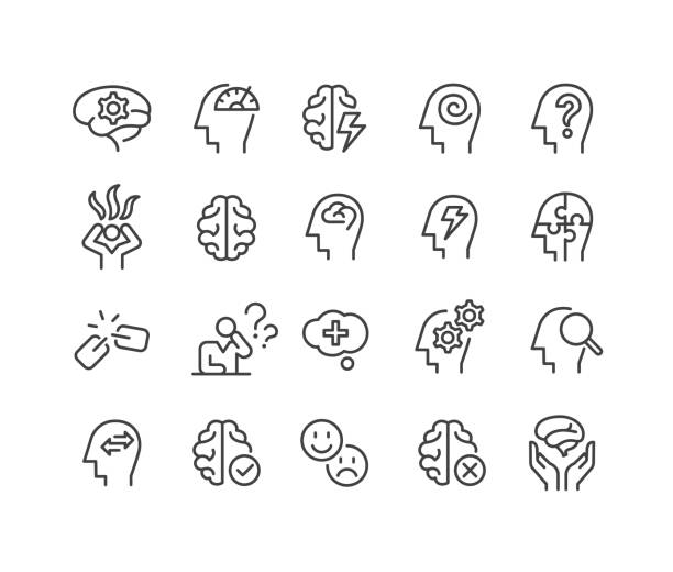 illustrations, cliparts, dessins animés et icônes de icônes de la santé mentale - série classic line - mental illness brain human head gear