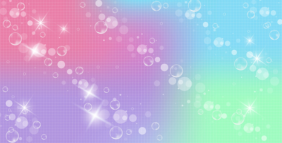 Rainbow fantasy background. Holographic illustration in pastel colors. Multicolored sky with stars and bokeh