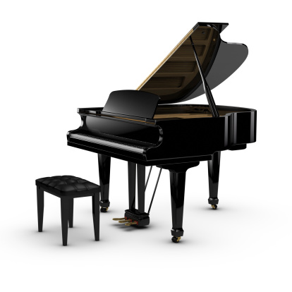 Black Grand Piano in a Modern Room with Fireplace. 3D Render