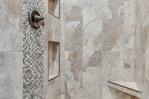 istock Close up of shower with beautiful tile 1362321194