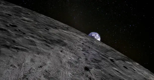 Moon with footprints and the Earth rising on the horizon. Evidence of people being there or great forgery. Collage. Elements of this image furnished by NASA.

/NASA urls:
https://www.nasa.gov/press-release/nasa-seeks-new-partners-to-help-put-all-eyes-on-artemis-moon-missions
(https://www.nasa.gov/sites/default/files/thumbnails/image/orion_earthrise_1.jpg)
https://www.nasa.gov/feature/goddard/2019/new-research-sheds-light-on-the-ages-of-lunar-ice-deposits
(https://www.nasa.gov/sites/default/files/thumbnails/image/spflyover_v07_still.2320.jpg)
https://images.nasa.gov/details-as08-13-2225.html