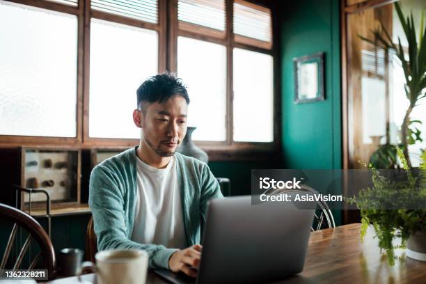 Professional Young Asian Man Working From Home Using Laptop Computer In Home Office Remote Working Freelancer Small Business Concept Stock Photo - Download Image Now