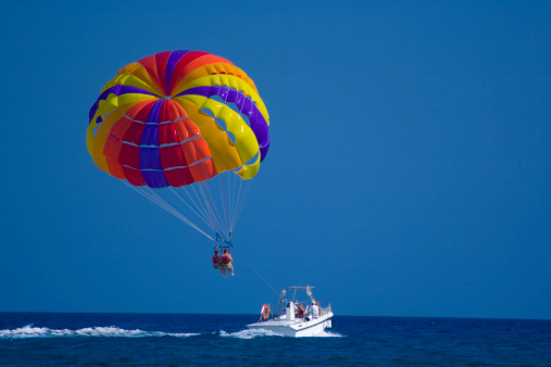 Parasailing off the coast in Kolymbia, Rhodes, Greece