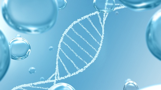 Futurista Beauty Healthcare Cell Fondo de producto con hélice de ARNm de burbuja blanca y gotas azules photo