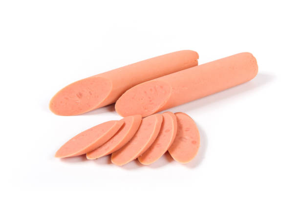 istock slice of sausages isolated on white background. 1362332825