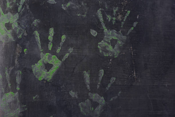 Handprint printed on white flour, sand, powder, dough. Baking, cooking food meal background. Top view, copy space for advertising text inscription. Pattern wallpaper. Template mockup for recipe menu.