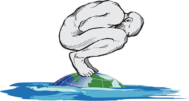Man floating on globe A nude male figure in profile crouched on top of a globe submerged almost completely in expanse of water. An allegory on global warming, mankind and environment, and human vulnerability. Illustrator 8 EPS file. The man is hand drawn and digitally manipulated. Art is layered for easy isolation of its components. The man is fully extractable for use in other contexts. The globe is partly masked to reveal only the visible, above water portion. (Only the visible portion of the globe is fully rendered.) One radial gradient is used on the globe; the rest of the art is flat. Alternative format included is a high resolution 9.3”x5.6” RGB JPEG at 300 dpi zipped. hugging knees stock illustrations