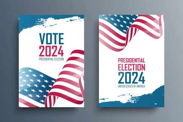 Vector illustration of 2024 United States Presidential Election Set. US President Elections Vote Posters with waving American flag.