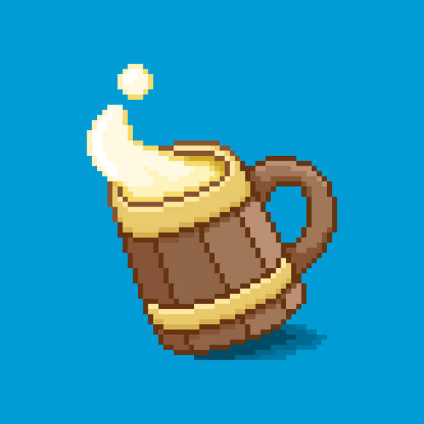 ilustrações, clipart, desenhos animados e ícones de simples ilustração de arte pixel plano de desenho animado caneca de madeira desenhada à mão com cerveja espirrando - alcohol drop cartoon cheerful