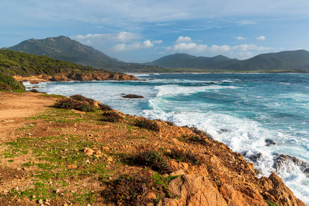 a landscape of the Corsican coast in winter on a day of strong wind