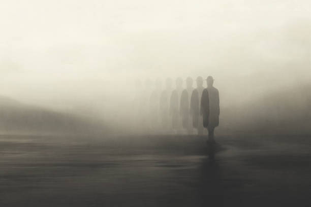 illustration of surreal man disappearing in the fog, abstract concept illustration of surreal man disappearing in the fog, abstract concept abandoned stock illustrations