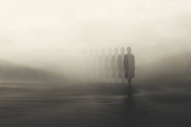 illustration of surreal man disappearing in the fog, abstract concept illustration of surreal man disappearing in the fog, abstract concept one point perspective person stock illustrations