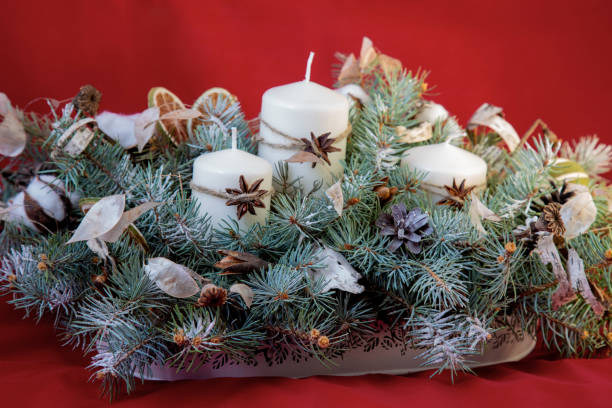 istock composition candles festively decorated for christmas. greeting card 1362338825