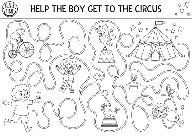 illustrations, cliparts, dessins animés et icônes de labyrinthe de cirque noir et blanc pour les enfants avec un garçon courant vers le chapiteau. amusement spectacle préscolaire imprimable activité de ligne avec clown, animaux. coloriage labyrinthe de divertissement - class clown